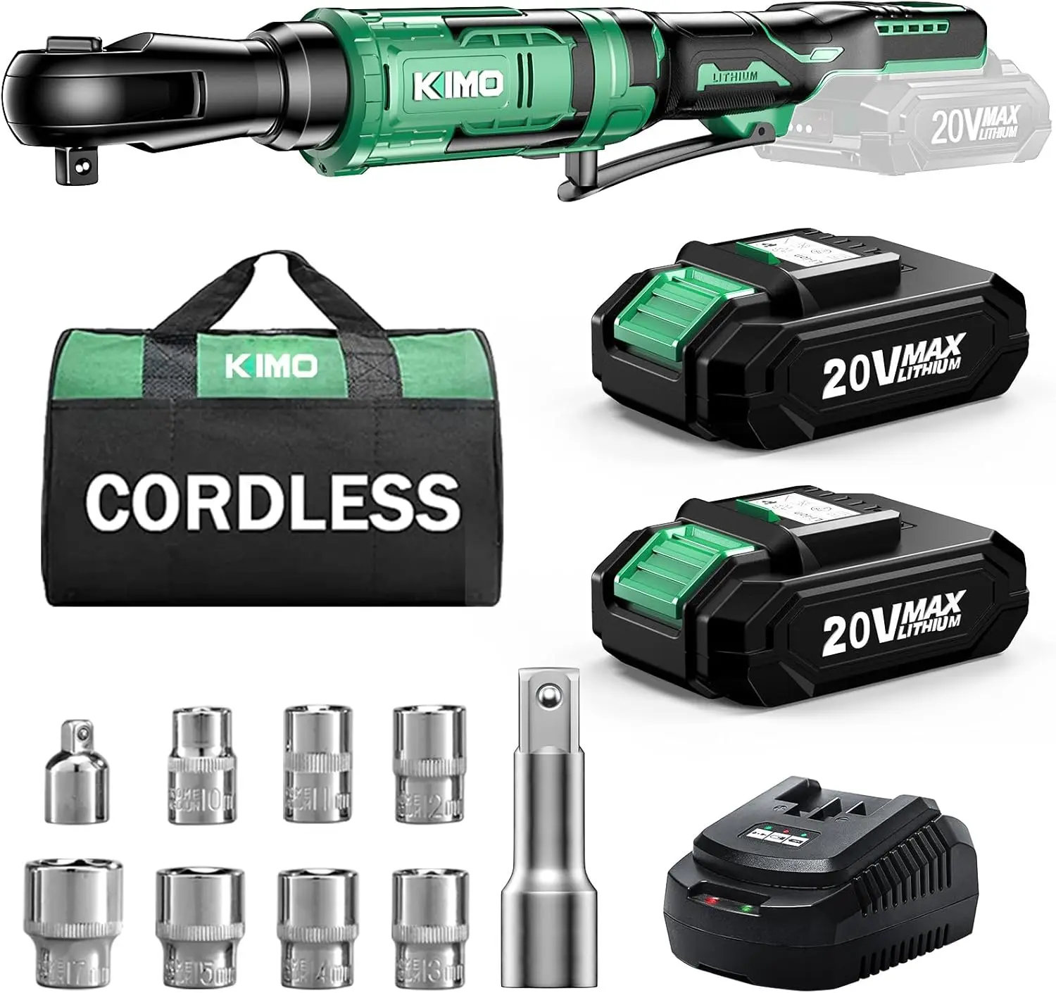 

20V Cordless Ratchet Wrench 3/8 Set, 74 Ft-lbs 400 RPM Electric Ratchet Wrench, Battery Powered Ratchet with 7 Sockets, 3" Exten
