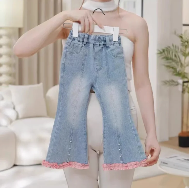 مجموعات أزياء الخريف الجديدة للفتيات الصغيرات، بلوزة مطرزة باللون الوردي + سراويل جينز بدلات الأميرة الأنيقة 2-8 T