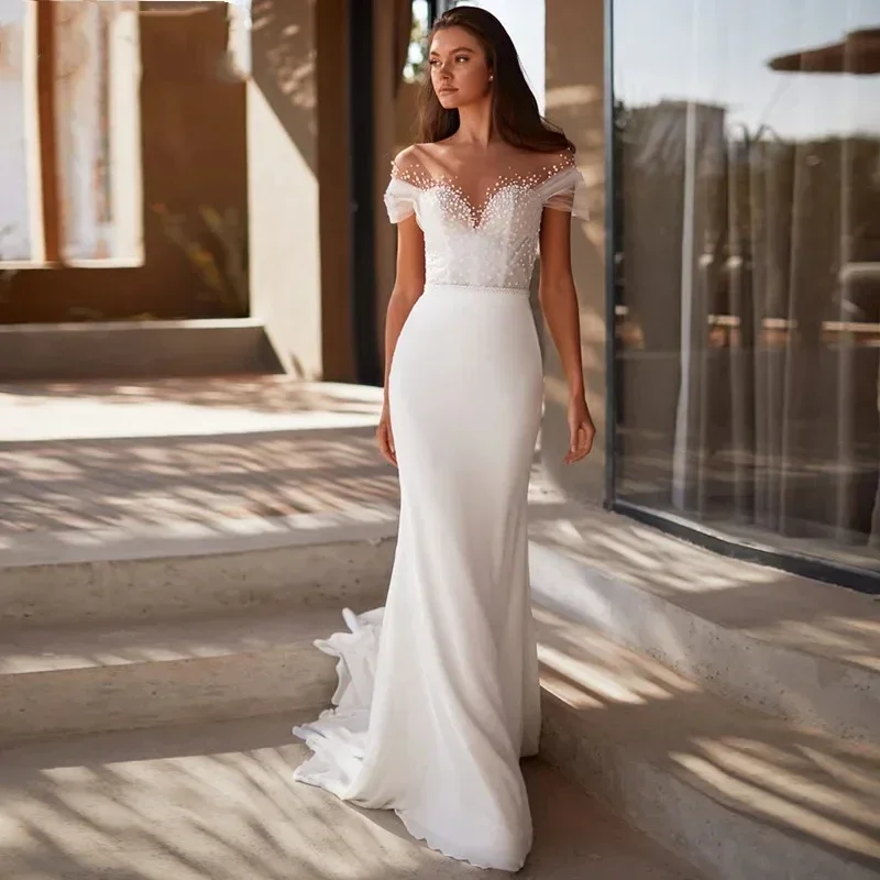 

Customized2025 Simple Off Shoulder Sweetheart Wedding Dress Lace Stickers Mermaid Bridal Dress Tank Top Floor length Skirt