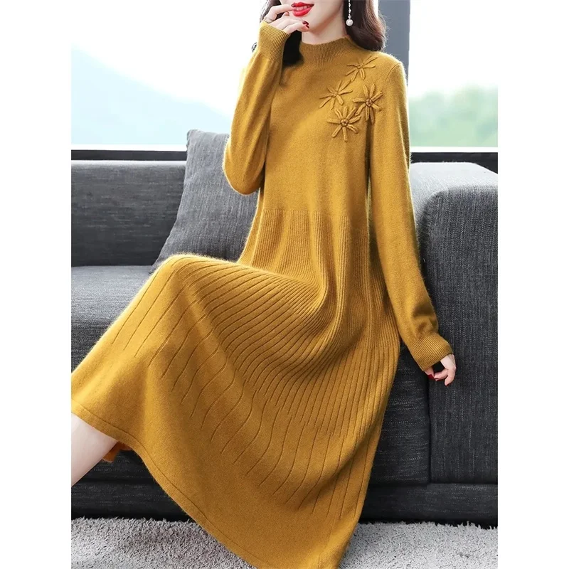 

Autumn Winter High End Medium Long Styles Knitting Dress Ladies Long Skirts Round Neck Over The Knee Sweater Maxi Dress Women