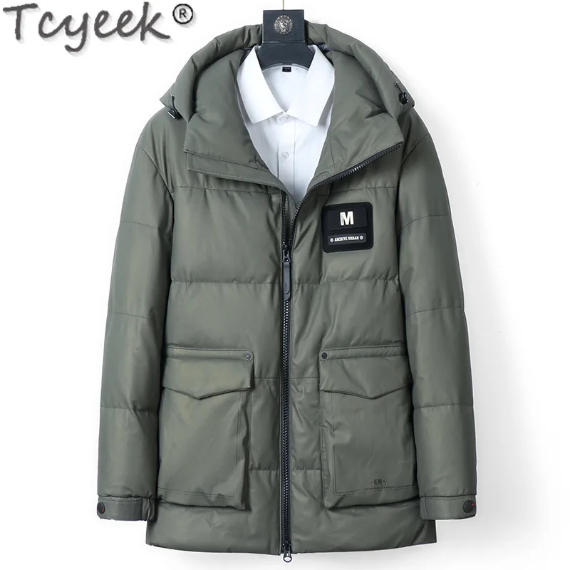 Tcyeek Genuine Leather Down Jacket Men Clothes Real Cowhide Mens Coats Winter Goose Down Coat Hooded Jaqueta De Couro 2024