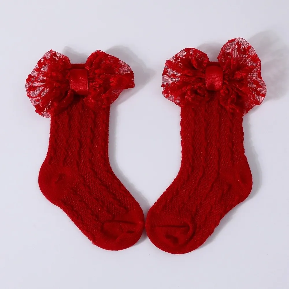 2PCS/Set Solid Color Headband Socks Hollow Out Lace Bow Knit Socks Set Breathable Elastic Newborn Long Socks
