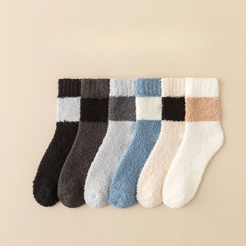 Men's and Women's Autumn-Winter Coral Fleece Thick Warm Mid-Calf Socks with Fleece Inner Liner, Pure Color Casual Floor Socks