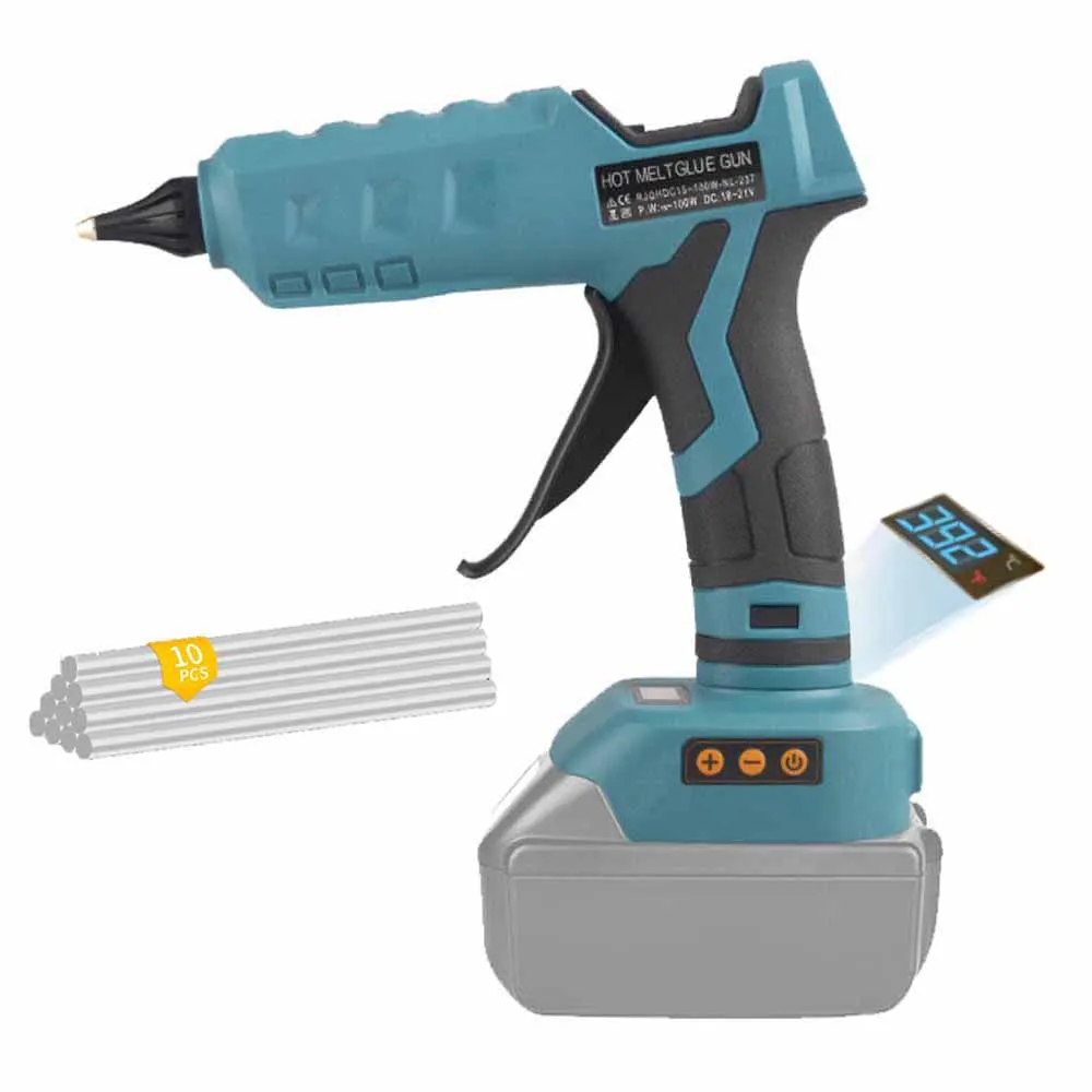 

100W Cordless Hot Melt Glue Gun 200℃ LCD Digital Display 10pcs 11mm Glue Sticks For Makita/Dewalt/Milwaukee 18V-21V(No Battery)