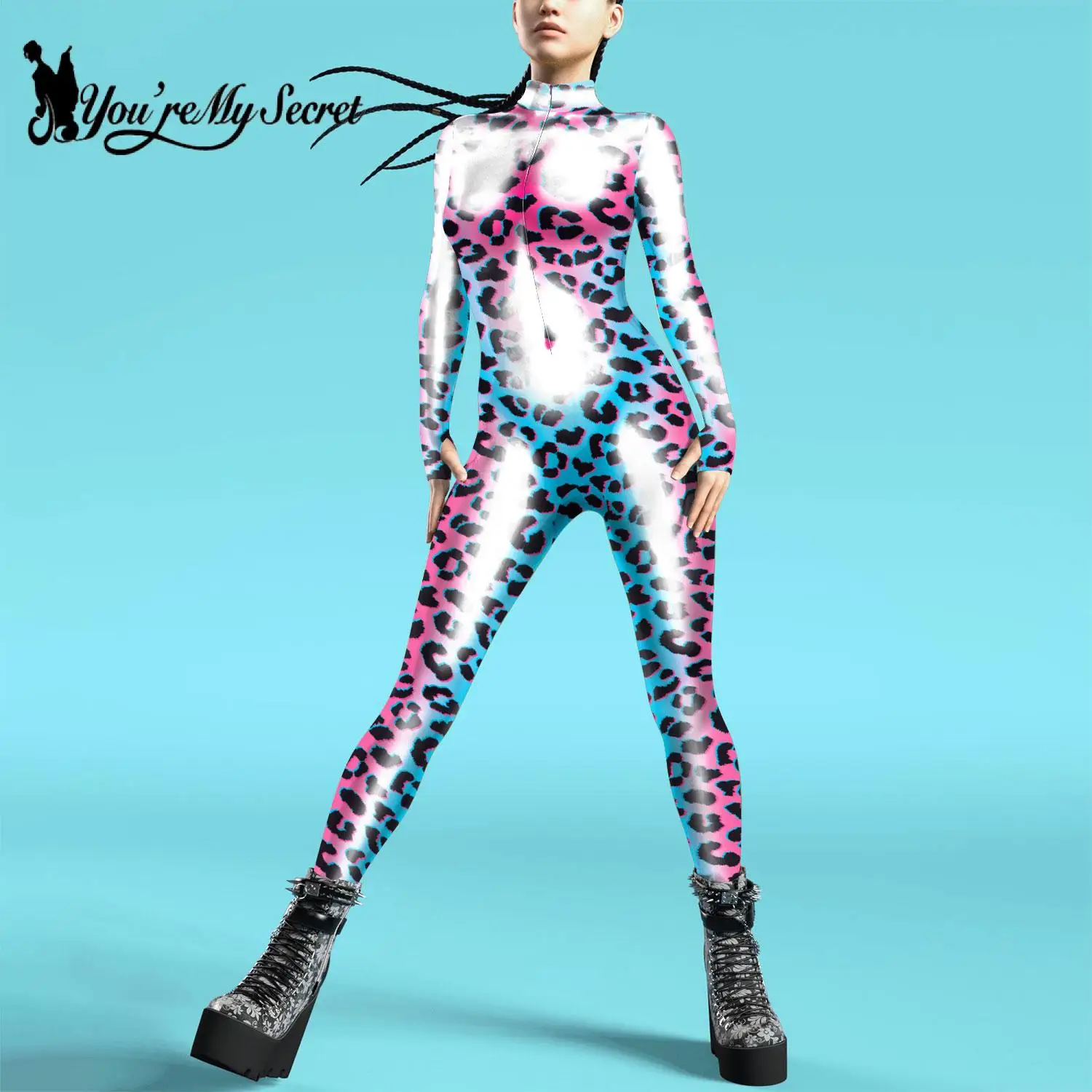 [Je Bent Mijn Geheim] Halloween Vrouwen Bodysuits Punk Thumb Design Cosplay Kostuum Luipaard Patroon Zentai Vrouwelijke Rits Jumpsuits