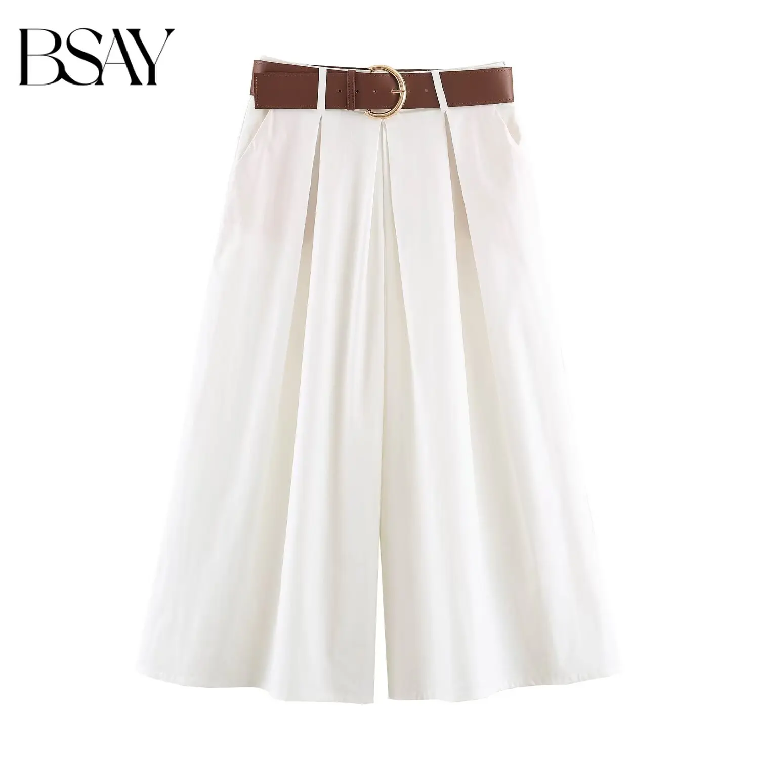 BSAY New Women Summer Fashion Versatile Elegant High Waist Pleated White Wide Leg Pants With Leather Belt Daily Commute Trousers