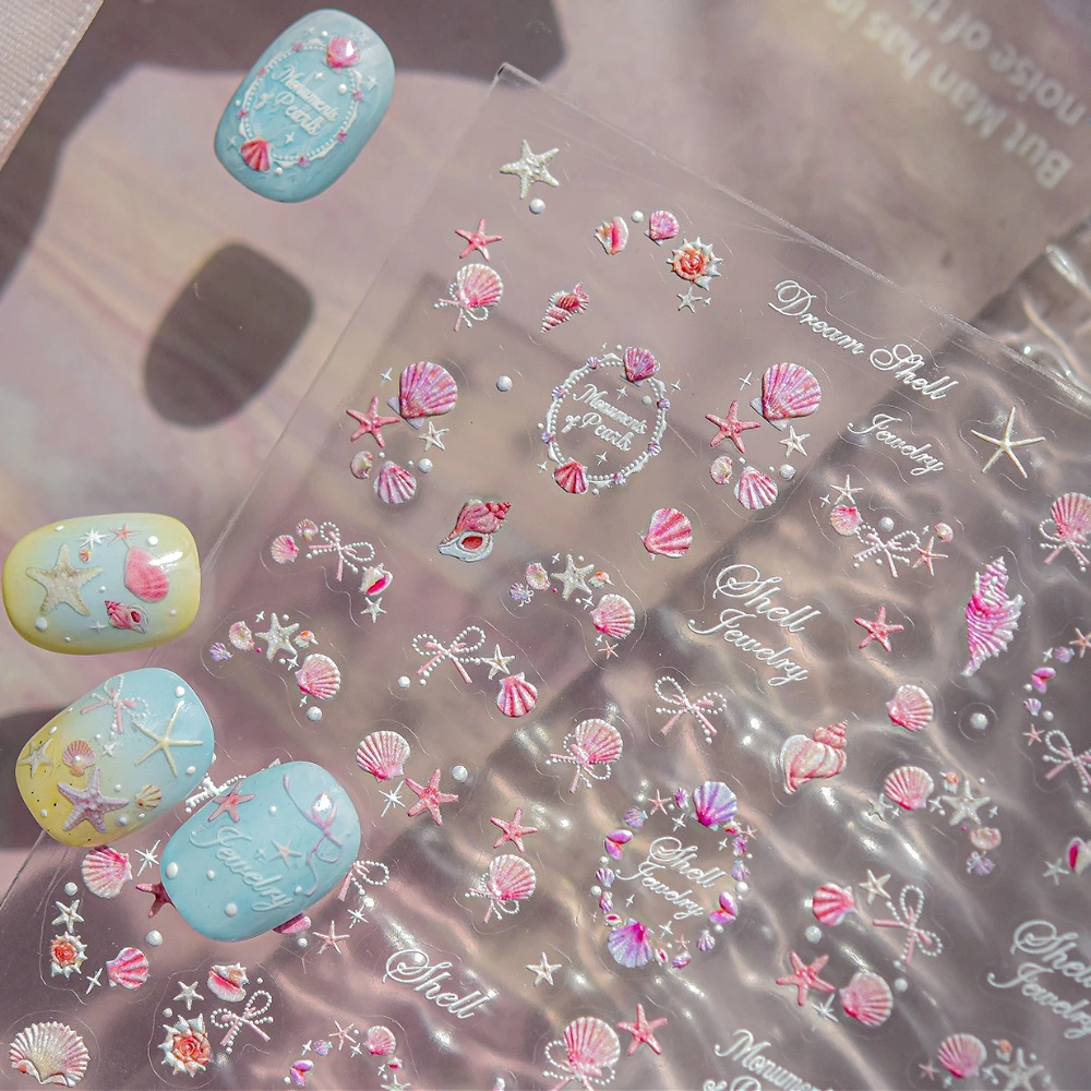 

Pink Shell Conch Starfish Bowknot Pearl Design Necklace 5D Reliefs Nail Art Sticker Coral Jellyfish Summer Ocean Manicure Decals