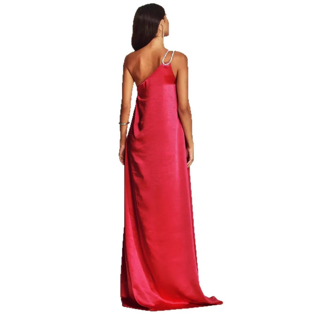 Women Spring Summer New Satin Off-Shoulder Long Dress Solid Color High Waist Loose Vacation Casual Dress
