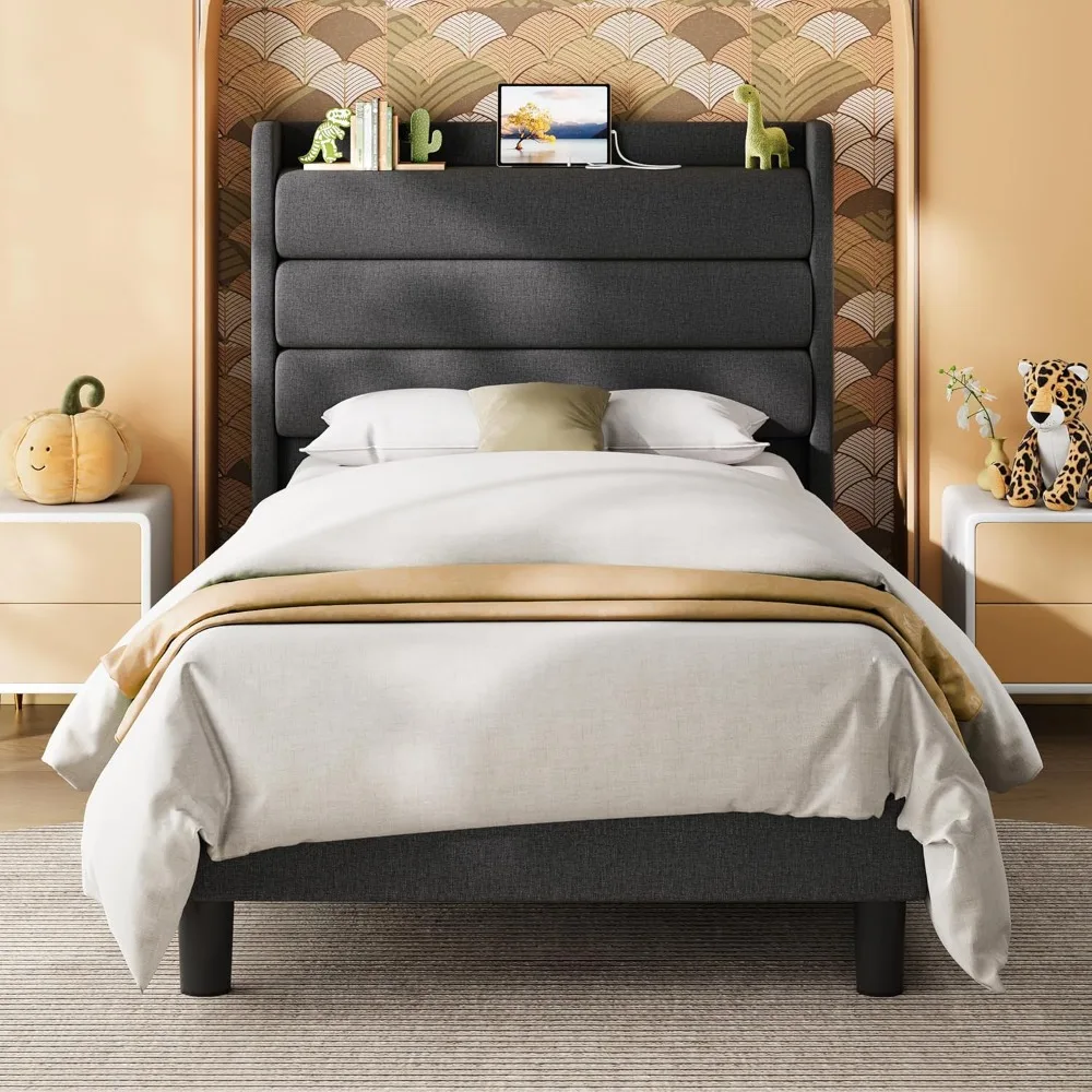 

Twin Bed Frames, Storage Headboard with Outlets, Sturdy and Stable, No Noise, No Box Springs Needed