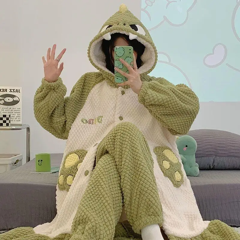 

Women's pajamas Comfortable Sleepwear Cotton Pajama Set winter autumn Coral Fleece Hooded Monster Robe Warm Flannel Home Suit
