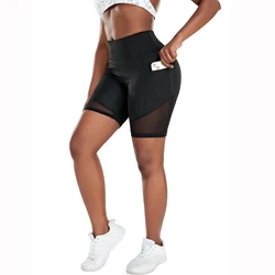 Mesh Splice Side Phone Pocket Shorts Fitness Women's High Waist Biker Tummy Control Yoga Running Workout leggings Gym Tights New