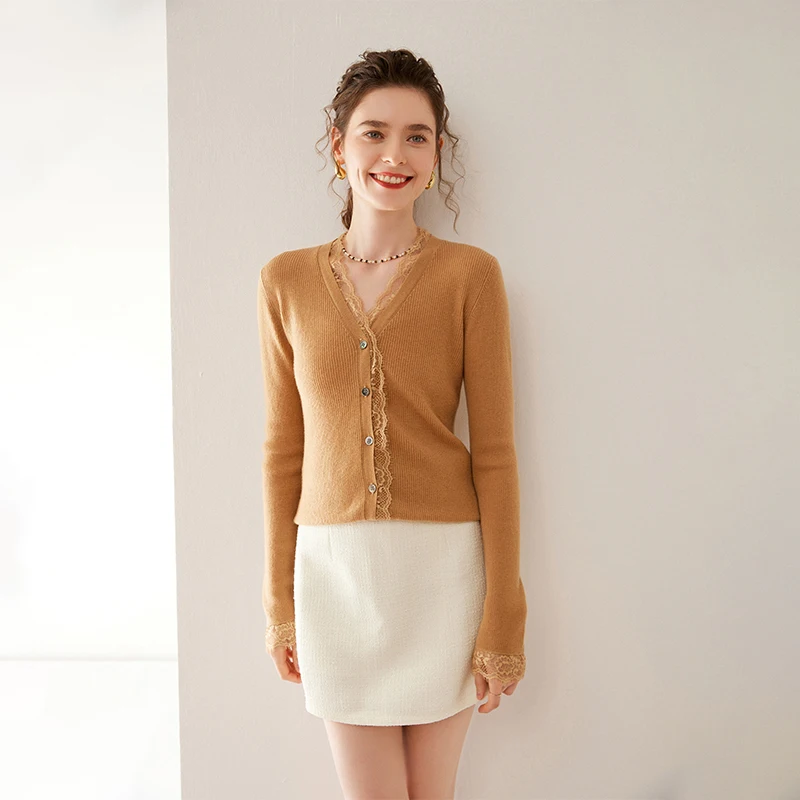 Autumn and winter new women's V-neck cardigan 100% pure cashmere knitted jacket Korean version slim fit solid color women's top