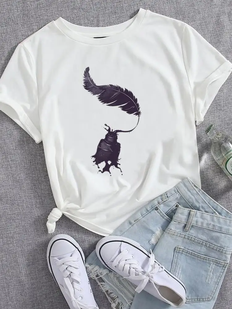 

Feather Watercolor 90s Trend Women Top Casual Short Sleeve Printed T Shirt Clothing Female Fashion Tee Clothes Graphic T-shirts