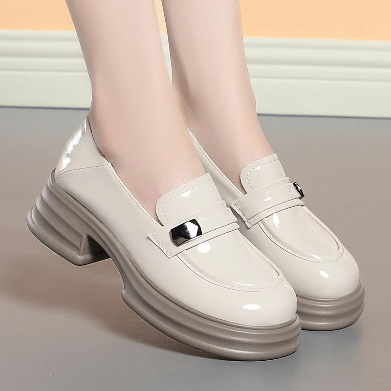 

5cm British Style Thick Bottom Chunky Platform Shoes Fall 2025 Med Square Heels Soft Leather Loafers for Office WOrk Mom Daily