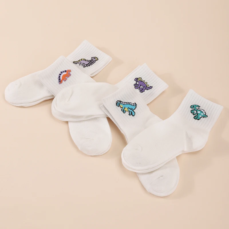 5/10 pairs of boys' four season solid color simple cartoon dinosaur mid tube socks soft and comfortable children's socks