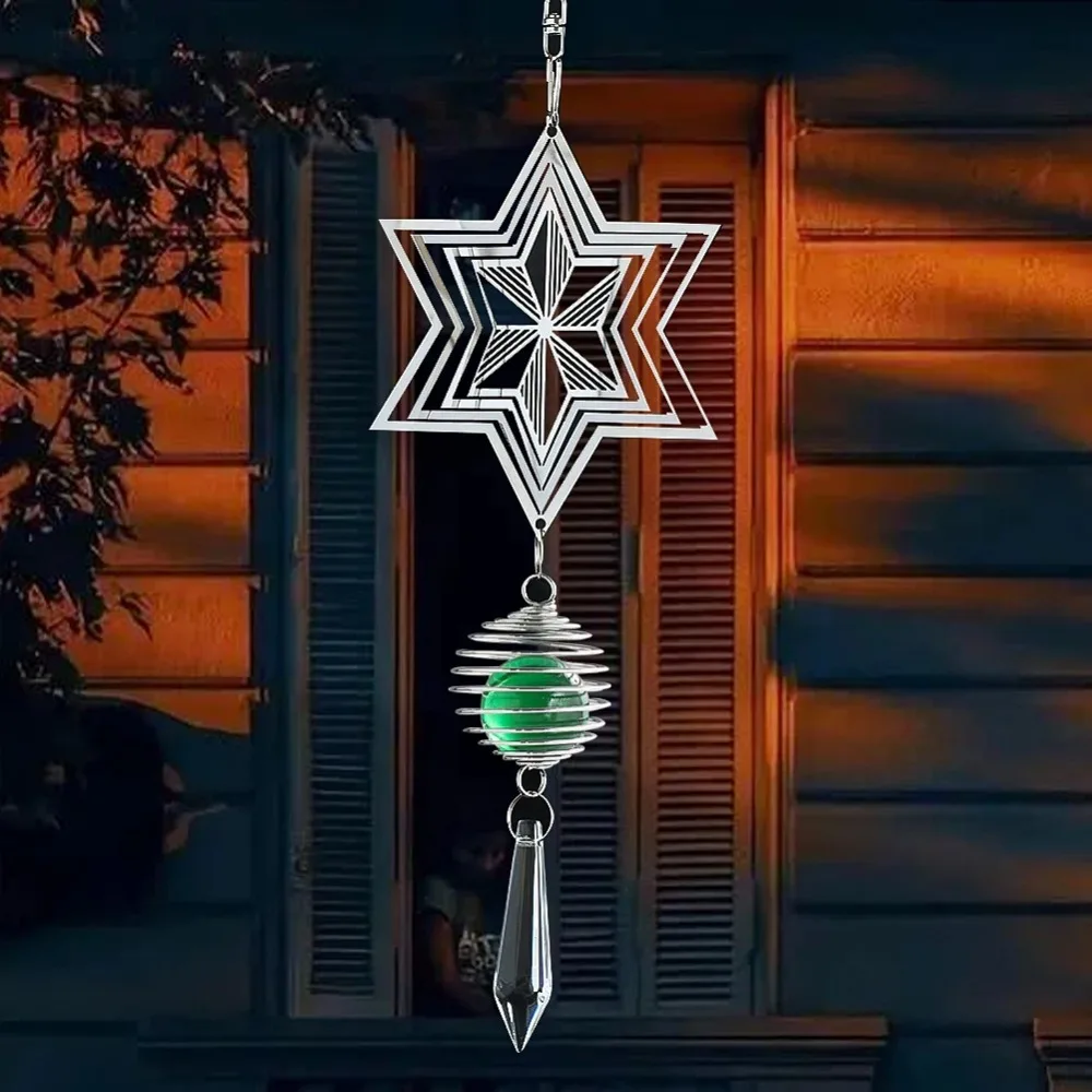 3D Six Pointed Star Rotating Pendant Crystal Hanging Metal Spiral Ball Wind Chimes Handmade DIY Crafts Hexagram Star Sun Catcher