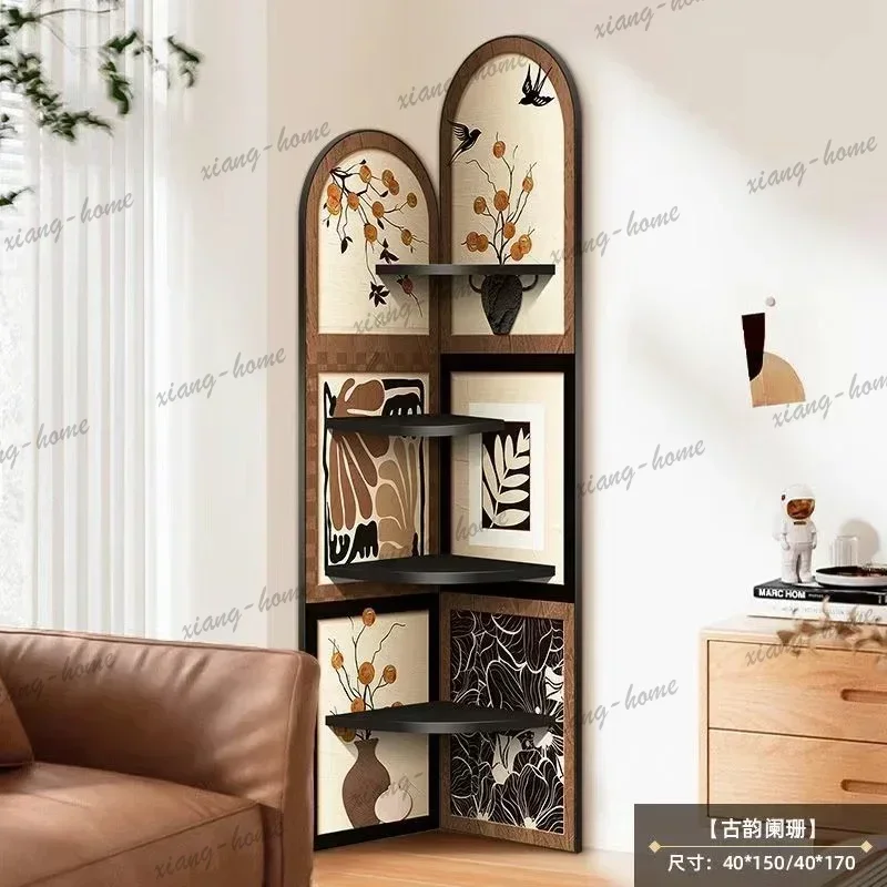 PG  Vintage Corner Cabinet Storage Rack Bedside Floor Decorative Bookshelf Living Room  Multi-layer