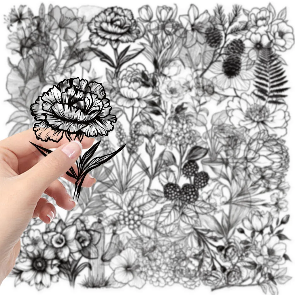50PCS Black and White Vintage Retro Flower Plant Stickers Decals for Laptop Scrapbooking Journal Planner Card PET Material