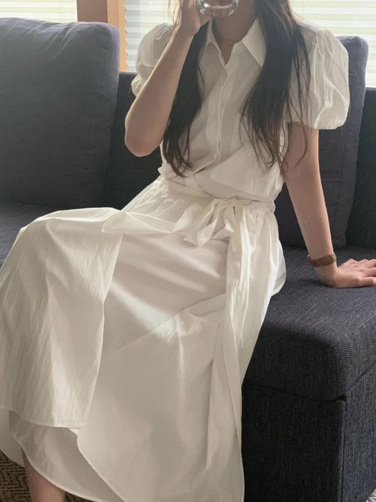 Vestido csa branco f verão saia longa personalidade dupla camada design psado cintura bolha manga a linha saia e...