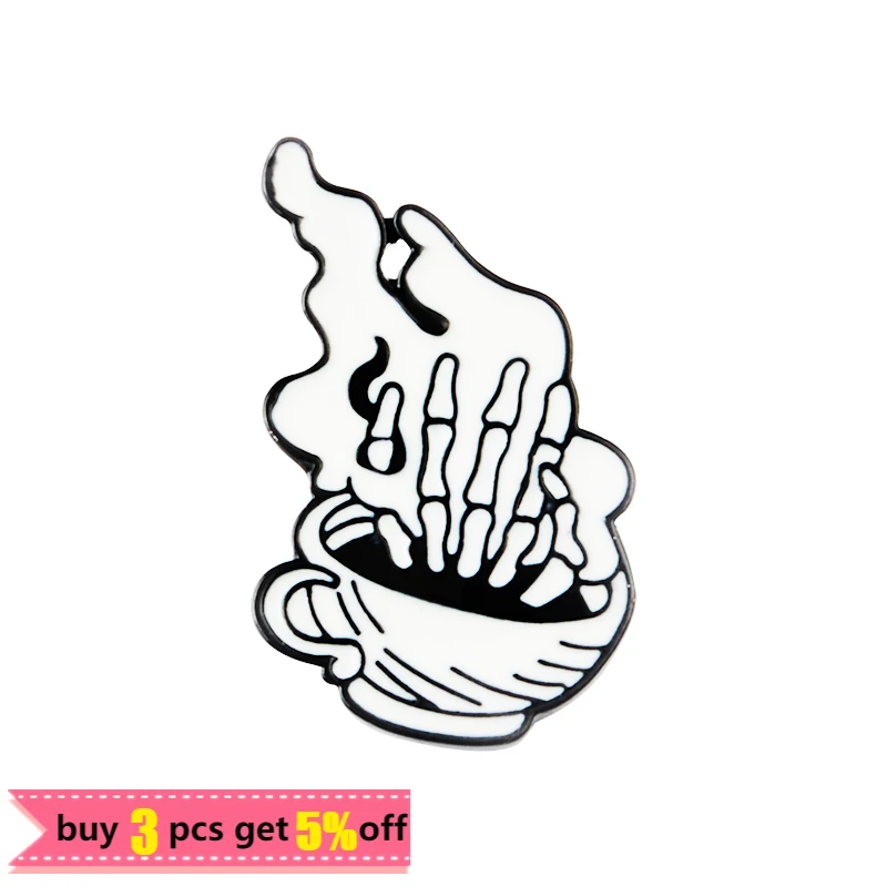 Skeleton Enamel Pins Skull Coffee Ghost Rose Badge for Bag Lapel Brooches Denim Jean Shirt Gothic Punk Jewelry Gift for Friends