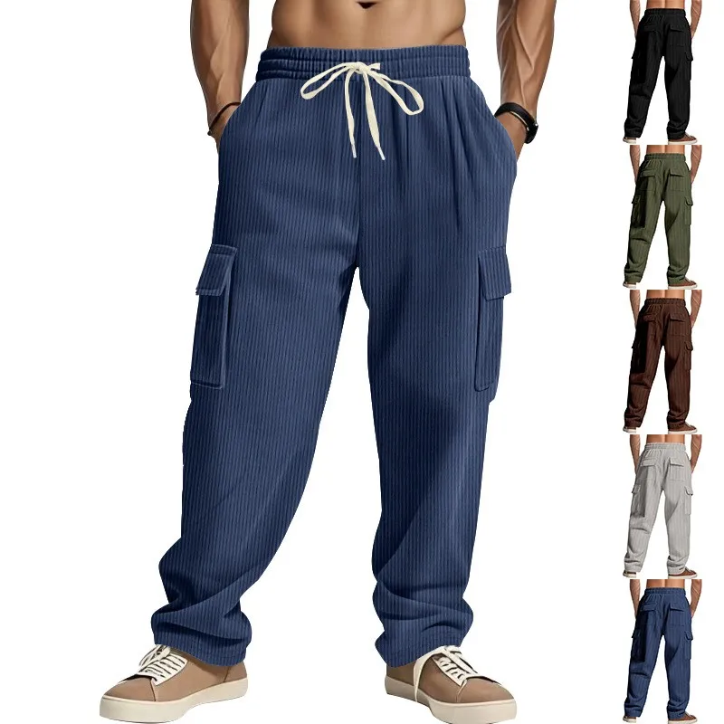 

Casual Cargo Pants Corduroy Brown Work Pants Loose Fit Olive Green Utility Pants Drawstring Waist Cargo Trousers Grey Mid Waist