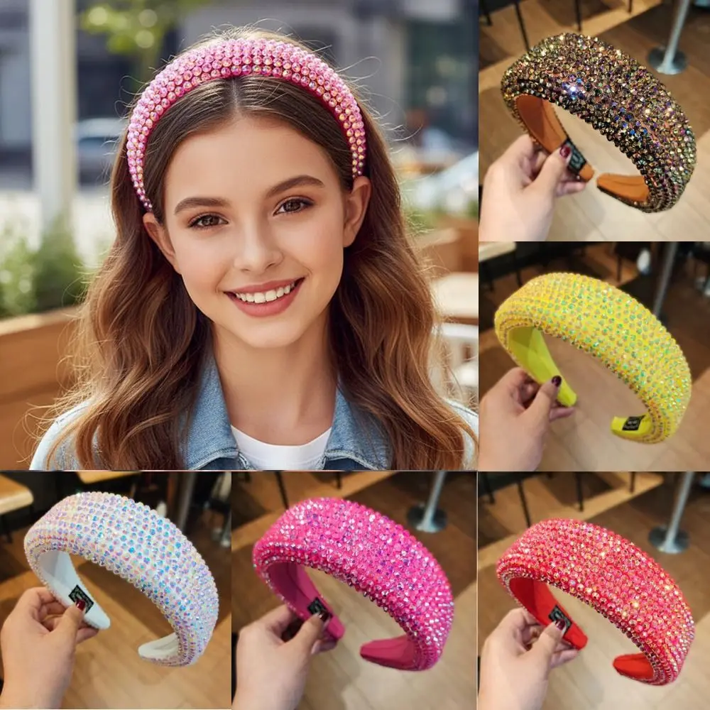 

Bling Bling Wide Brim Full Rhinestone Headband Shiny Handmade Women Head Hoop Thickened Padded Design Hair Accessory Wedding
