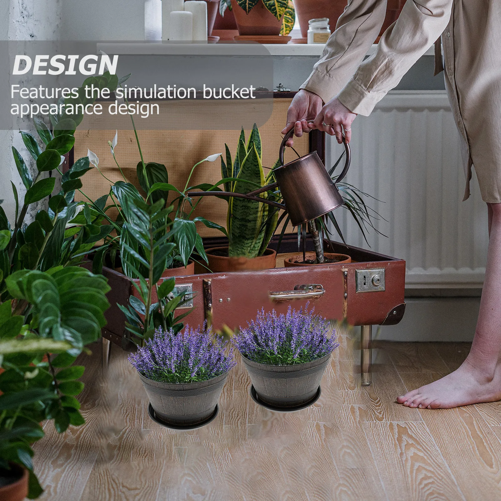 

1 Set Vintage Resin Flowerpot Plant Container Thickened Simulation Wood Bucket Style For Indoor Gardening Succulents Dark Gray