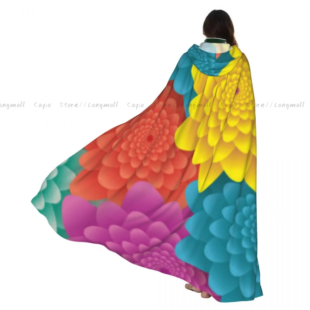 

Colorful Flowers Pattern Hooded Cloak Coat Halloween Cosplay Costume Vampire Devil Wizard Cape Gown Party