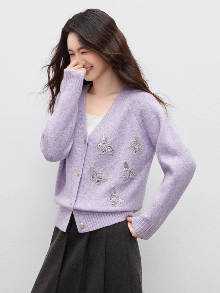 

SENTUBILA вязаные кардиганы для женщин, осень 2022, свитера с v-образным вырезом и бисером, элегантная женская одежда для поездок на работу, W54EB3856