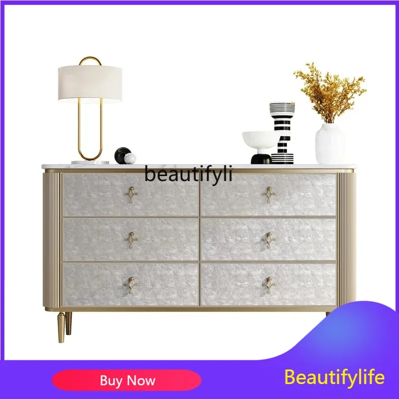 

C139 Cy American Light Luxury Living Room Chest of Six Drawers Entrance Decoration Marble Shell Solid Wood Bedroom Drawer Locker