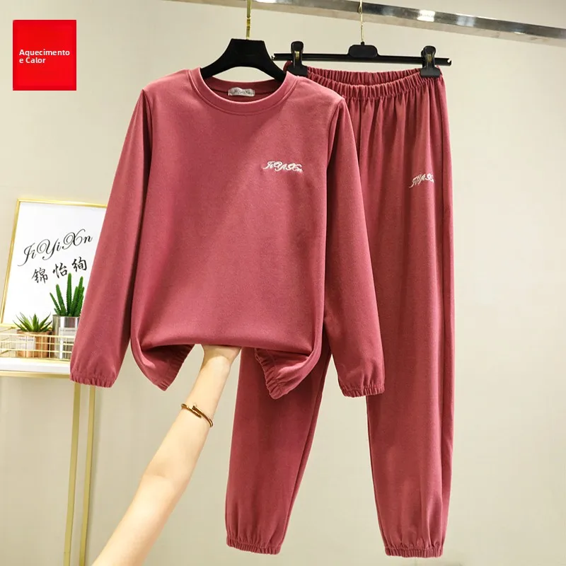 女性の厚みのある暖かいホーム服セット秋冬ルーズフィット長袖パジャマツーピーススーツ快適なソフトベルボア