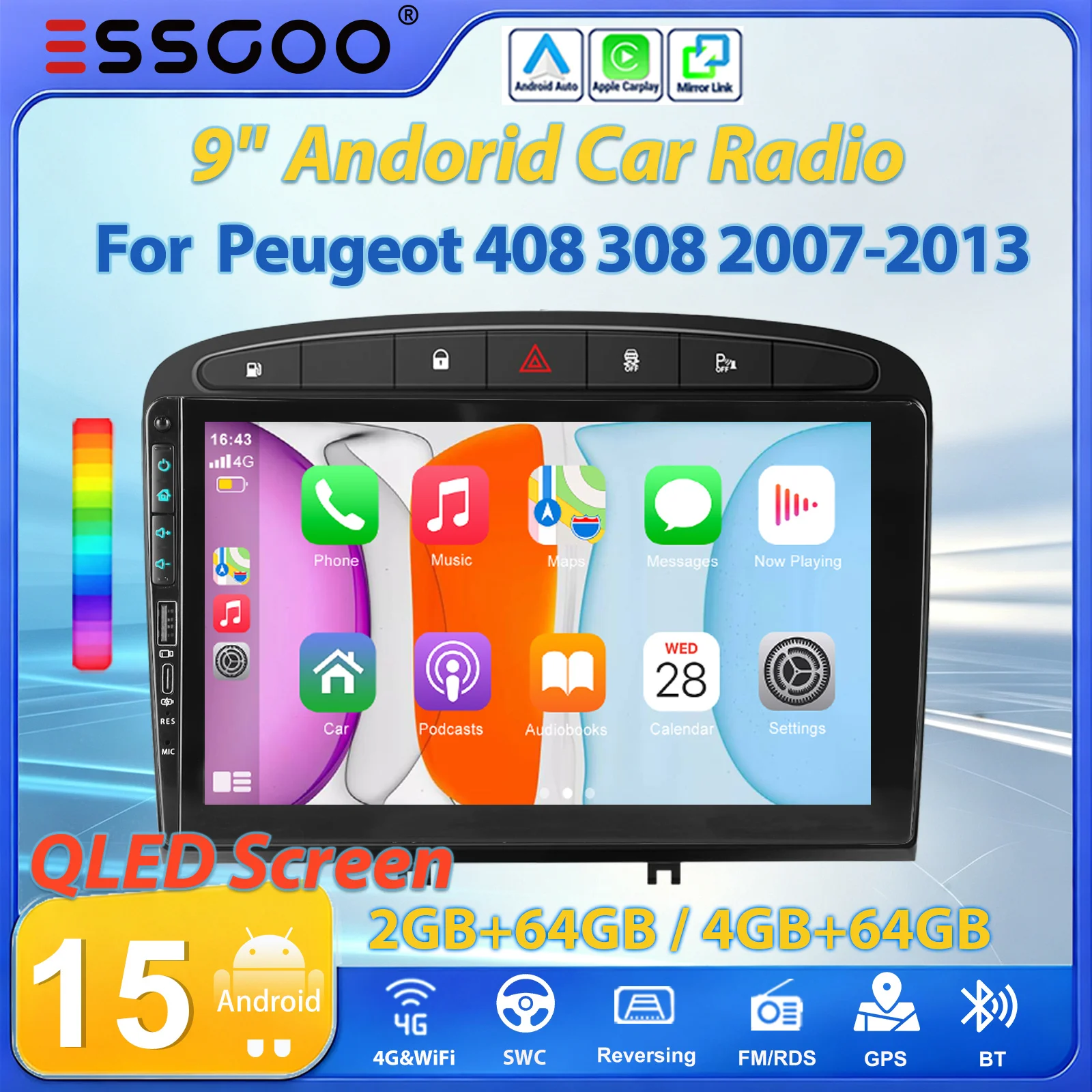 ESSGOO 9" 2 DIN Autoradio Android 15 4+64G 2+64G für Peugeot 308 408 2007-2015 Kabelloses Carplay Android Auto GPS NAVI RDS FM WIFI Bluetooth Mirror Link Lenkradsteuerung Touchscreen Multimedia-Player