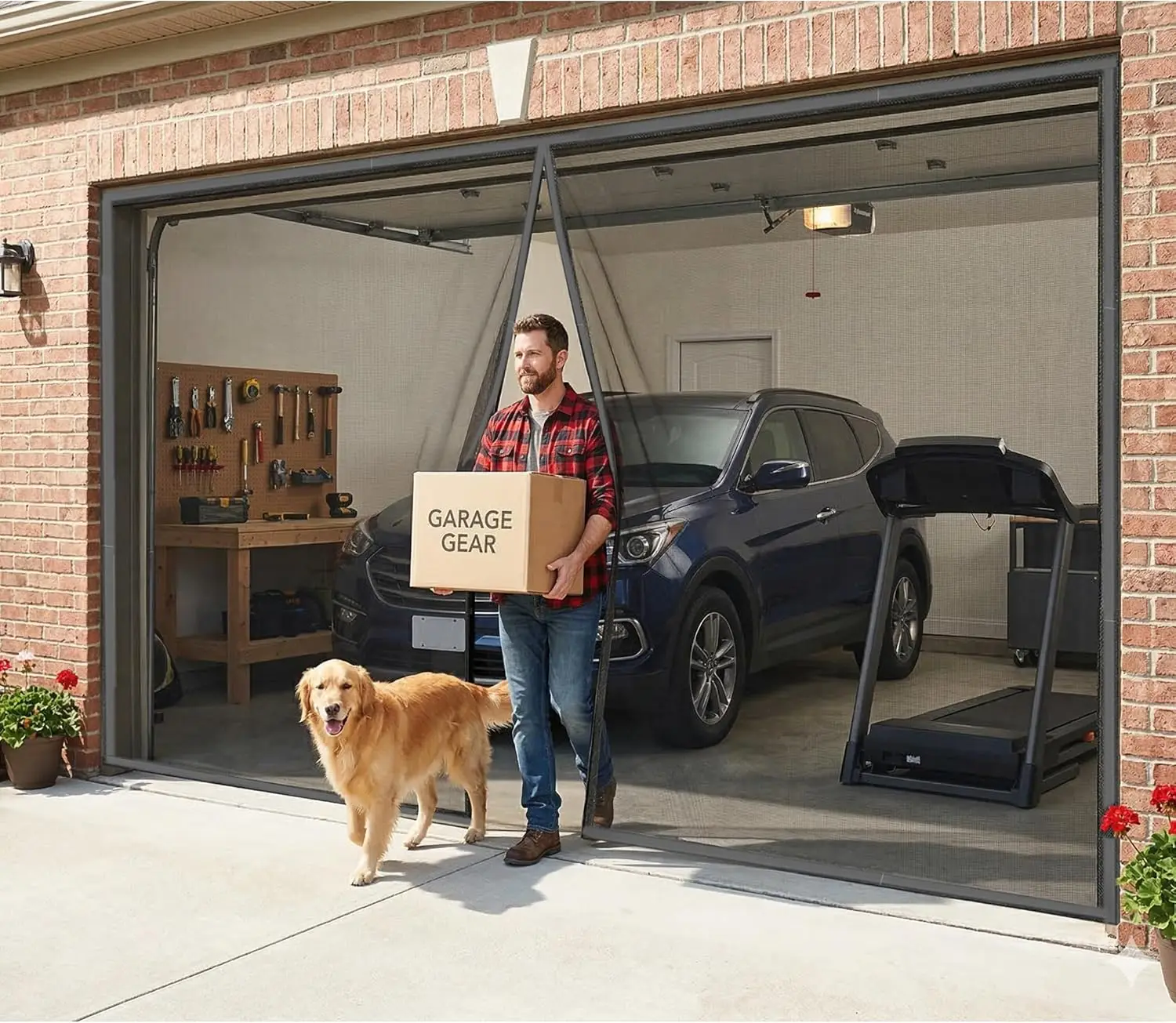 Garage Screen Door Mesh Heavy Duty, Hands Free Partition Retractable Fiberglass and Heavy Duty - Easy to Install Magnetic Clo