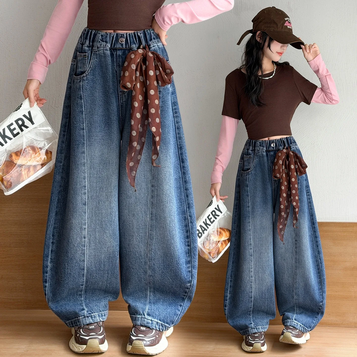New Children Fashion Autumn Curved Jeans for Tweens Girl Wide Leg Denim Pants Kids Casual Loose Trousers with Ribbon Design