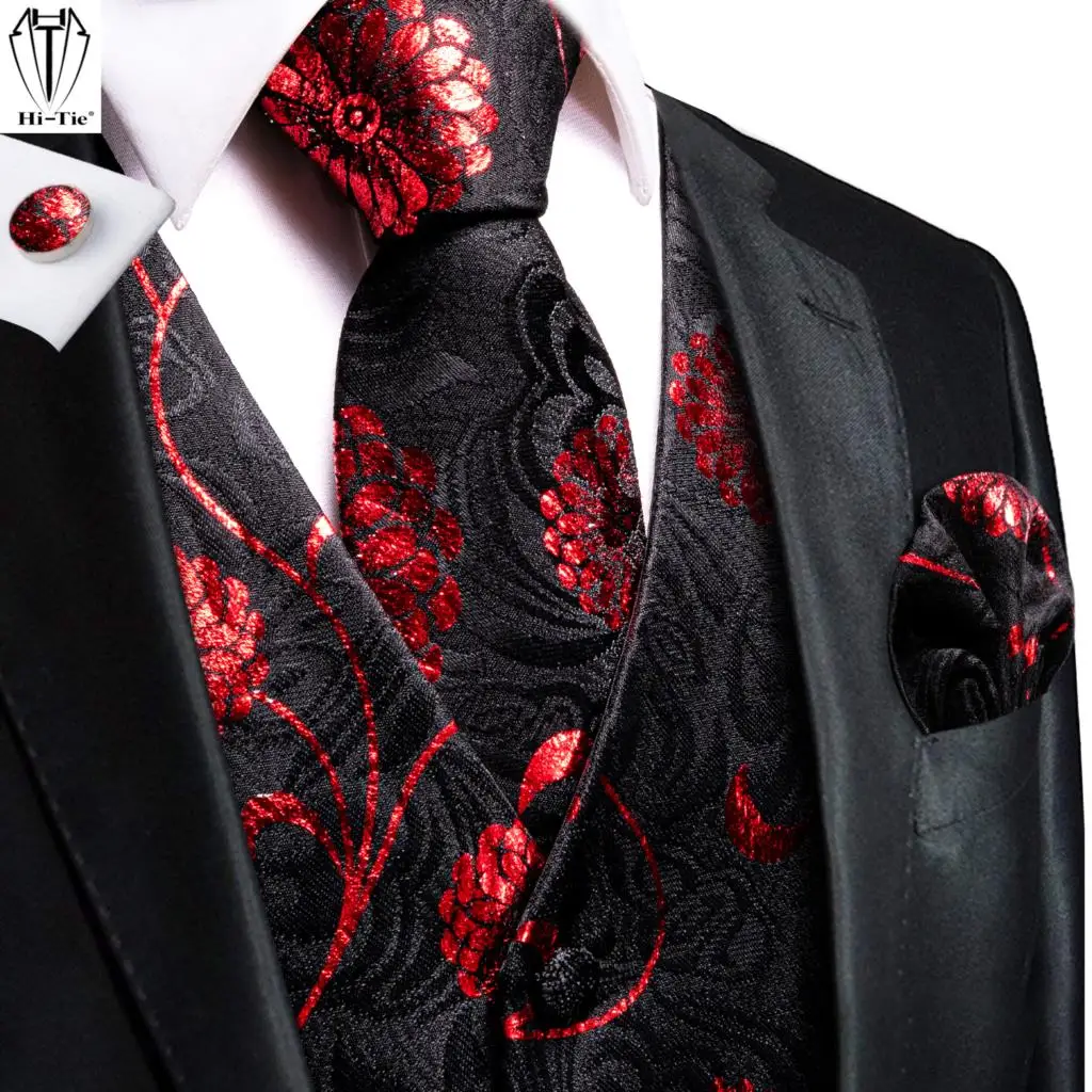 Hi-Tie Black Red Floral Silk Mens Vest Tie Set Jacquard Waistcoat Sleeveless Jacket Necktie Hanky Cufflinks Wedding Business XXL