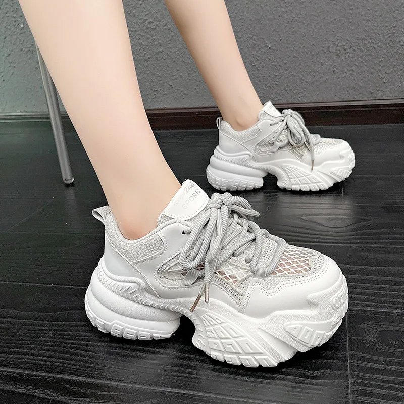

Petite Thick-Soled Dad Shoes for Women ins 2025 Spring new versatile rhinestone lace-up casual sneakers
