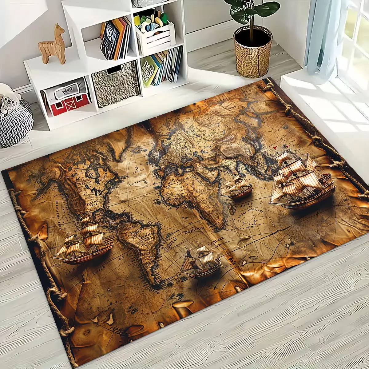 Retro Nautical Map Chart Treasure Map Compass Moto Rug Carpet for Bedroom Living Room Sofa Doormat Decor,Kid Non-slip Floor Mat