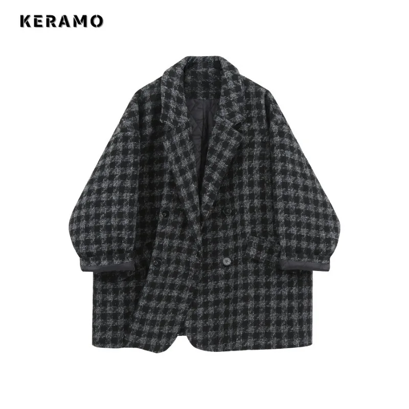 Women Retro Office Lady Plaid Notched Collar Long Sleeve Blazers 2023 Autumn Winter Vintage Casual Loose ELegant Tailored Coat