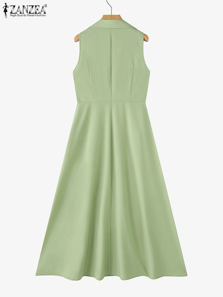 ZANZEA-Vestido largo de verano para mujer, vestido veraniego elegante para oficina, bata de fiesta sin mangas, moda informal 2021, Vestidos holgados con cuello entallado