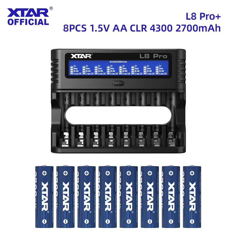 XTAR L8 Pro Charger & 8-Pack 1.5V AA 4300 Battery SET  Fast Charging 8-Slot  2700mAh 2.5A  Output & Linear 1200 Cycles