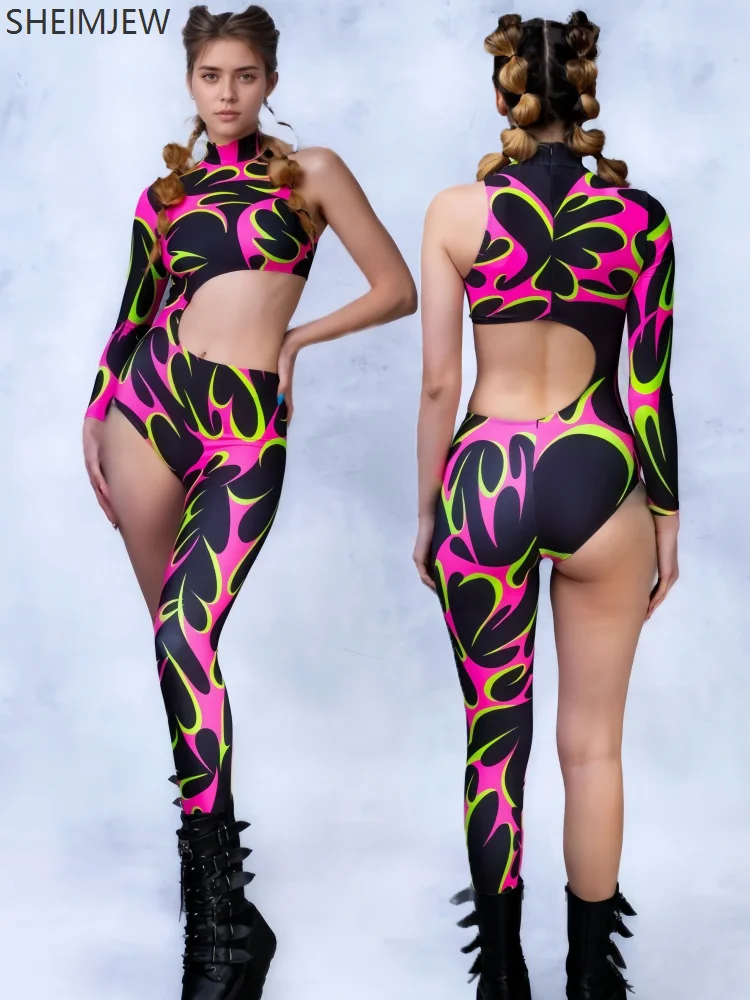 

Halloween Ladies 3d Painted Cyberpunk Art Irregular Lines Tights Holiday Party Cosplay One-armed Costume Performance Jumpsuits