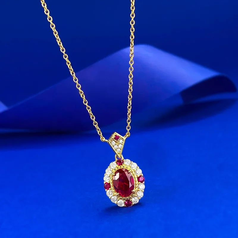 Apaison 925 Sterling Silver Necklaces Sparkling 6*8 mm Oval Ruby Pendants For Women Wedding Party Bridal Jewelry Gift