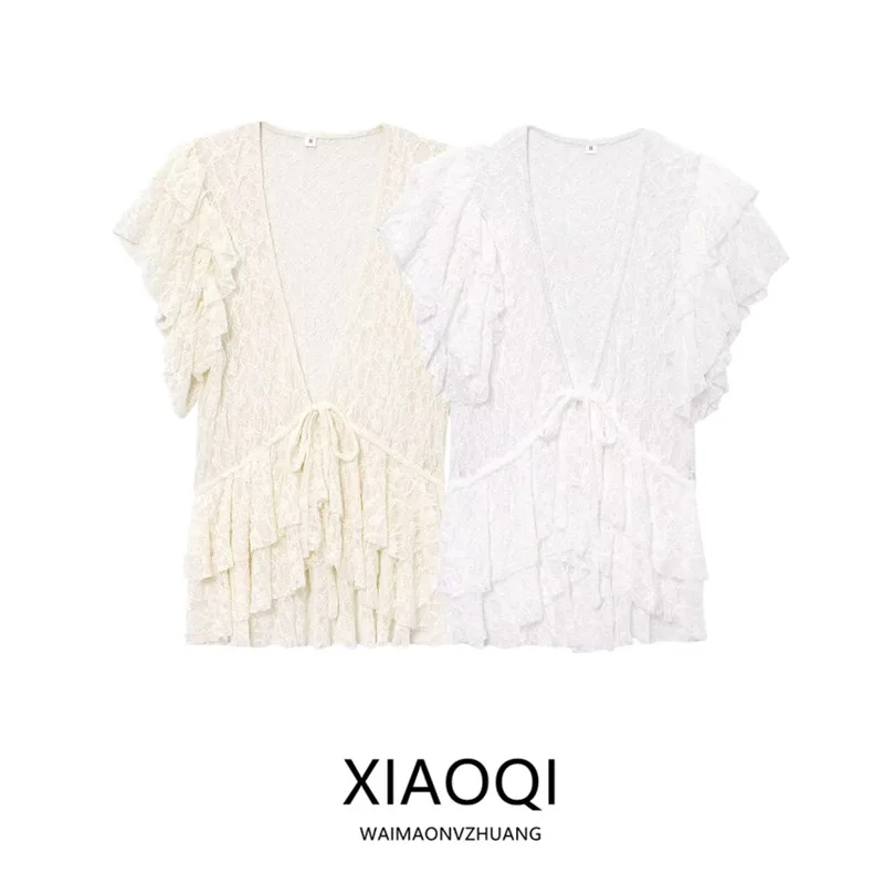 Spring 2025 Women's Faion  Knot Lace V-ne ort Sve Jaet Versatile Outerwear Ele Sle New Arrival