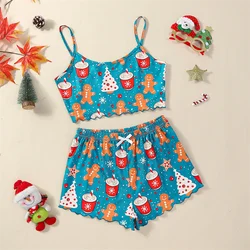 Women's 2 Piece Pajama Set Sleeveless Christmas Elements Print Cami Tops Casual Shorts Sleepwear Sets