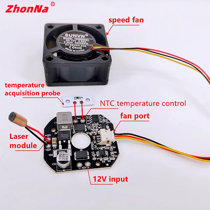 Conversione laser blu Modulo luce bianca Scheda driver LD con controllo della temperatura NTC Corrente 1A-3.5A12V Ingresso tensione con ventola