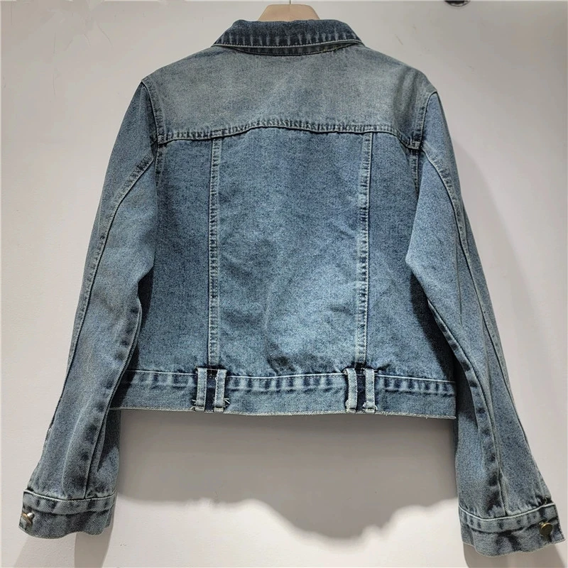 Spring New Women Fashion Beaded Flower Feather Decoration Blue Short Denim Jacket Lapel Long Sleeve Jeans Jackets Chaqueta Mujer