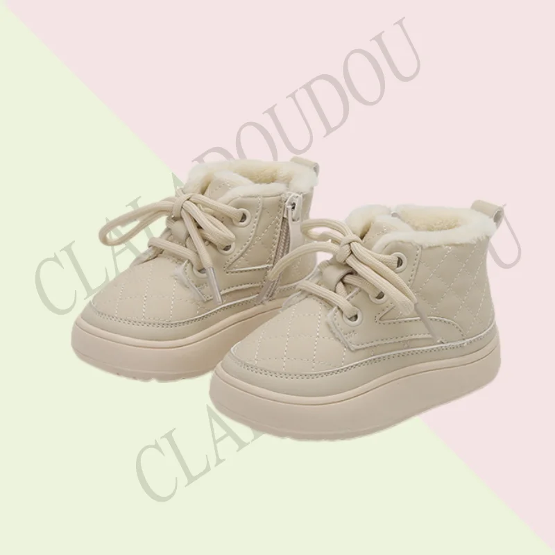 Brand Kids Winter Ankle Boots For Girls Boys Solid Sewing Fashion Snow Boots For Toddler Lace-up Winter Casual Shoe With Velvet