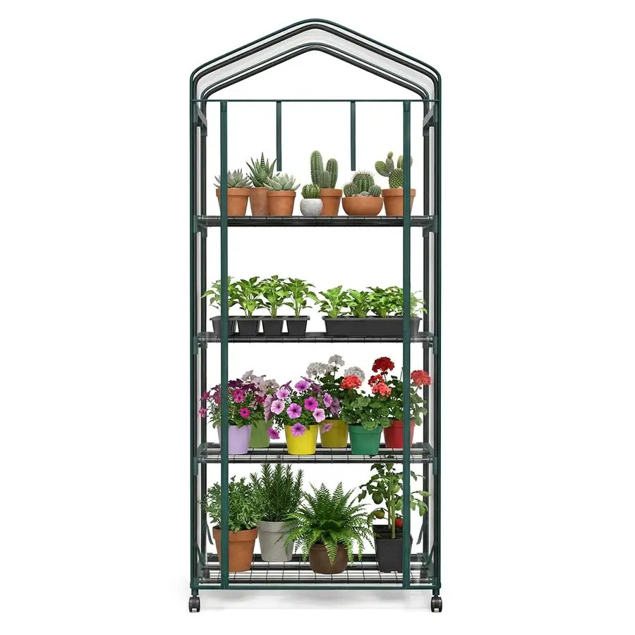 

Теплица 271963, 4-уровневая, с ПВХ-покрытием, дверью на молнии, на колесах, портативная, для использования в помещении и на улице, на балконе