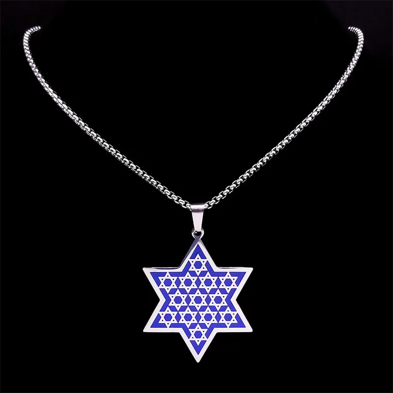 اليهودية السداسية العبرية قلادة الفولاذ المقاوم للصدأ اللون الأزرق نجمة داود درع إسرائيل سلسلة القلائد مجوهرات colar N8140S01