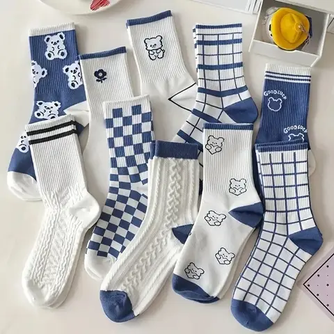 10 Pairs Women's Mid Length Socks Fashion High-quality Breathable Socks Japanese Cute Rabbit Embroidery Casual Sweet Girl Socks